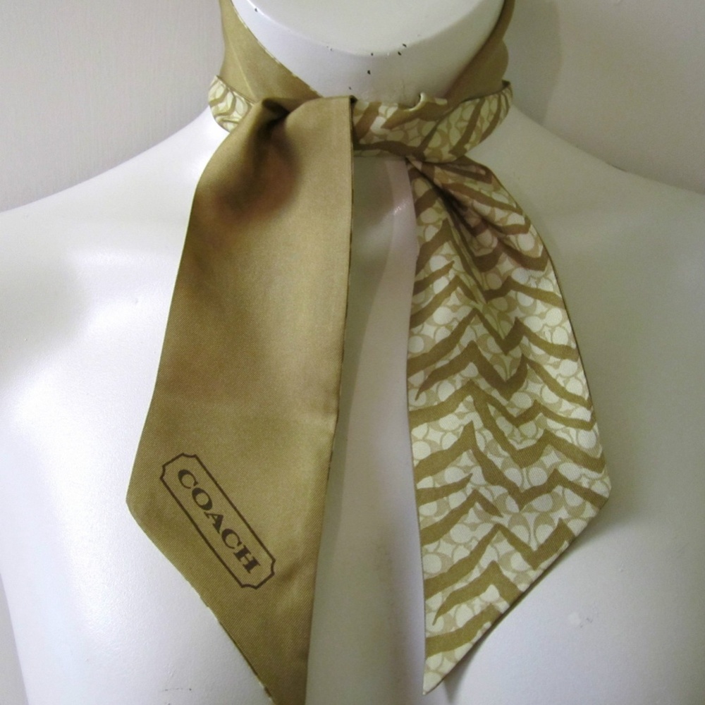 COACH SIGNATURE REVERSIBLE KHAK ZEBRA PRINT 100% SILK PONYTAIL SCARF NWT RETIRED